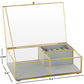 Clear Glass Jewelry Box with Gold Metal Frame and Gray Fabric Interior with Ring Slots, 9" x 6" x 3"