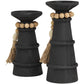 Black Wood Handmade Textured Matte Candle Holder with Beaded Garland Accent, Set of 2 10", 8"H