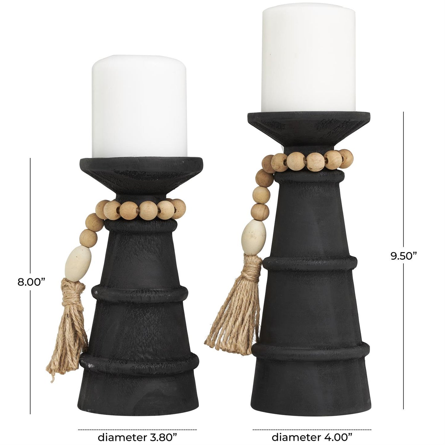Black Wood Handmade Textured Matte Candle Holder with Beaded Garland Accent, Set of 2 10", 8"H