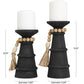 Black Wood Handmade Textured Matte Candle Holder with Beaded Garland Accent, Set of 2 10", 8"H