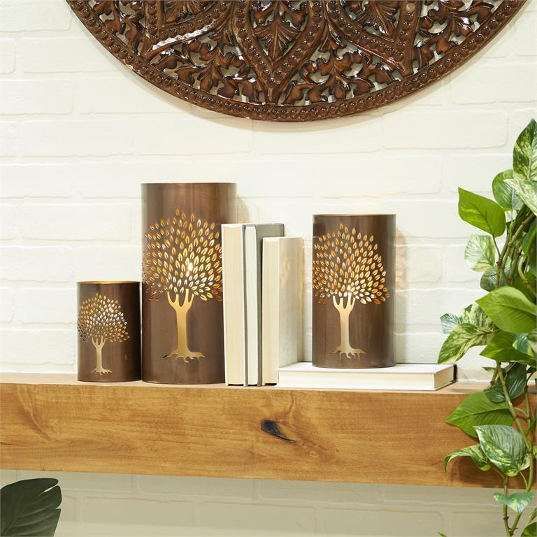 Copper Metal Tree Decorative Candle Lantern, Set of 3 12", 9", 6"H