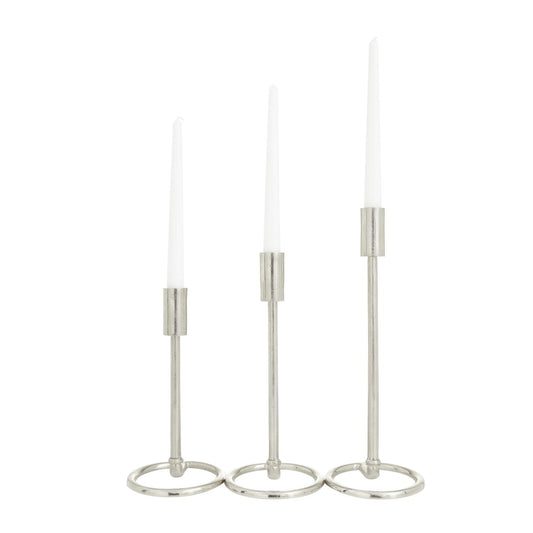 78972 Silver Aluminum Metal Tapered Candle Holder with Ring Bases, Set of 3 14", 12", 10"H