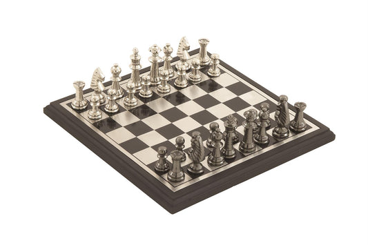 Black Aluminum Metal Chess Game Set with Black and Silver Pieces, 12" x 12" x 1"