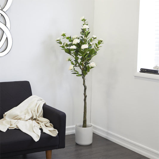 46303 Green Faux Foliage Camellia Artificial Tree with Realistic Leaves and Black Plastic Pot, 20" x 20" x 56"