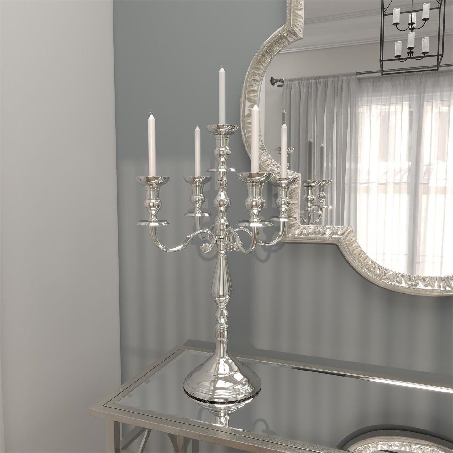Silver Aluminum Metal Scrolled Candelabra, 16" x 16" x 24"
