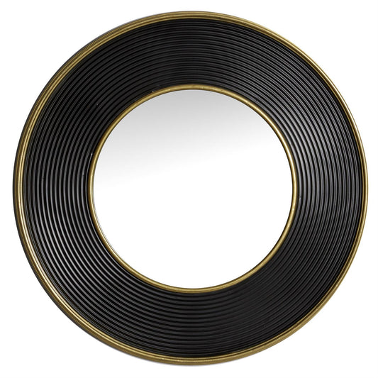 BLACK METAL WALL MIRROR WITH FLUTED FRAME, 35" X 2" X 35"