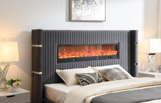 445B GRAY VELVET BED W/FIREPLACE & BLUETOOTH SPEAKER & USB