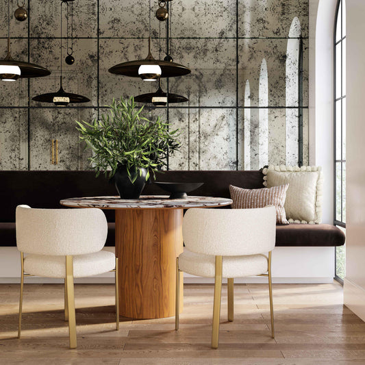 18686D-VOT Aramat Marble Ceramic 47" Round Dinette Table And 94686D-VOT Teragram Performance Boucle Dining Chair