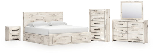 Lawroy King Panel Storage Bed with Mirrored Dresser, Chest and Nightstand
