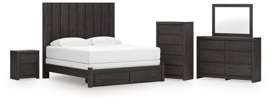 King Panel Storage Bed with Mirrored Dresser, Chest and Nightstand