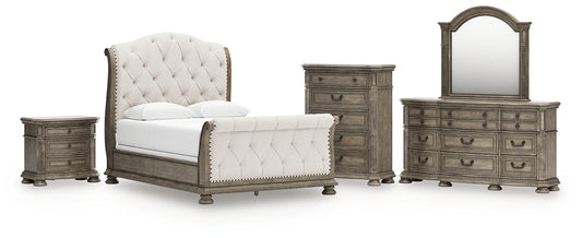 Ardenfield Queen Upholstered Sleigh Bed with Mirrored Dresser, Chest and Nightstand