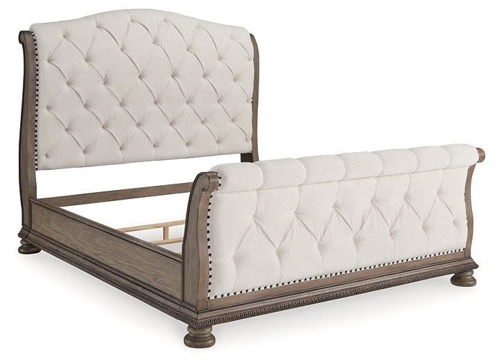 Ardenfield King Upholstered Sleigh Bed with Mirrored Dresser, Chest and Nightstand