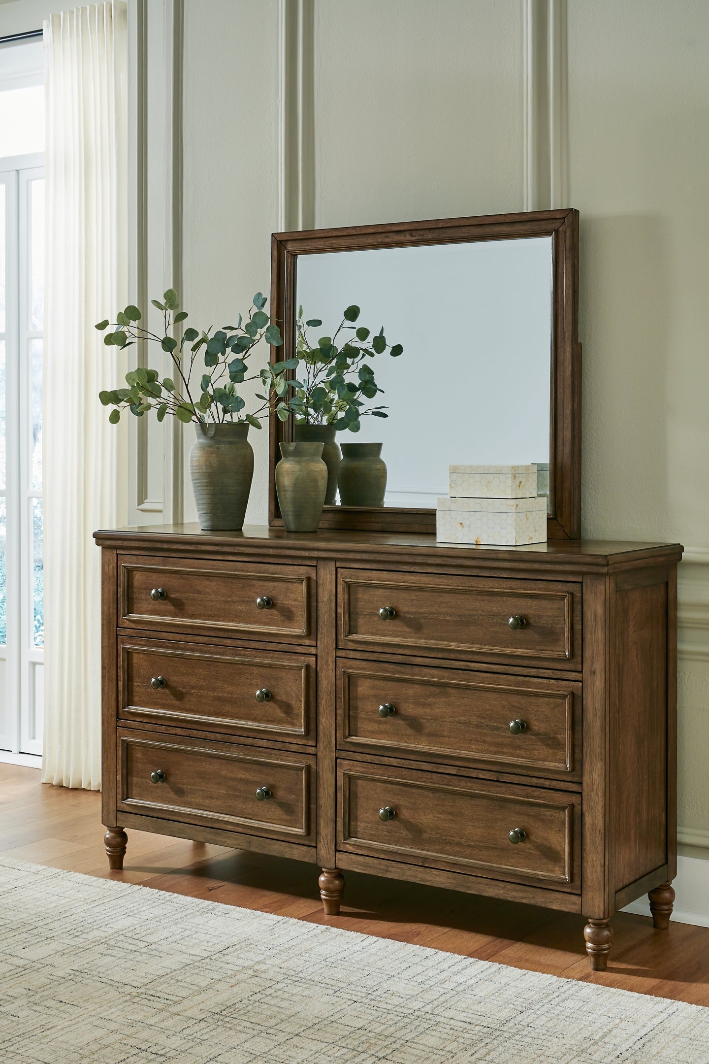 Sturlayne Queen Upholstered Panel Bed with Mirrored Dresser and Nightstand
