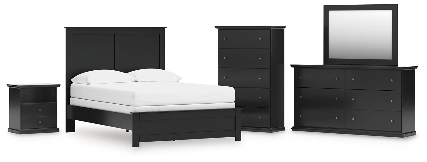 Full Panel Bed with Mirrored Dresser, Chest and Nightstand