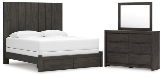 King Panel Storage Bed with Mirrored Dresser