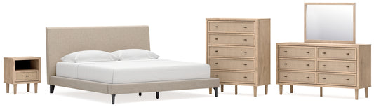 Cielden King Upholstered Bed with Roll Slats, Dresser, Mirror, Chest and Nightstand