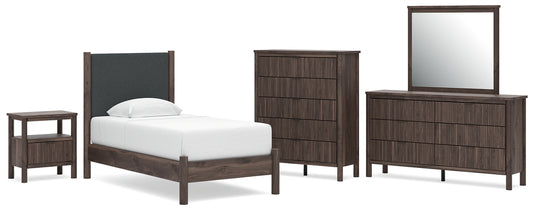 Pamytta Twin Upholstered Panel Platform Bed, Dresser, Mirror, Chest and Nightstand