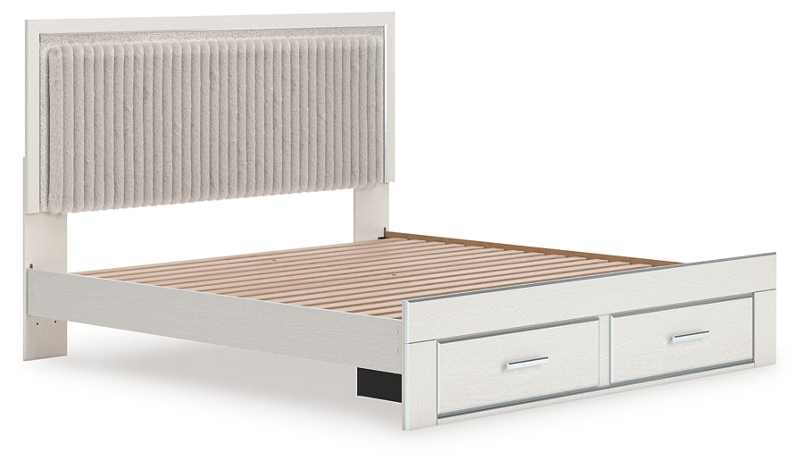 Zuraleus King Upholstered Panel Platform Storage Bed, Dresser and Mirror