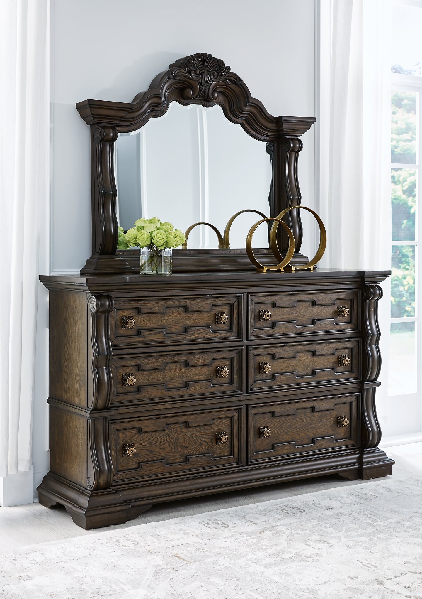 Maylee Queen Canopy Bed, Dresser, Mirror, Chest and Nightstand