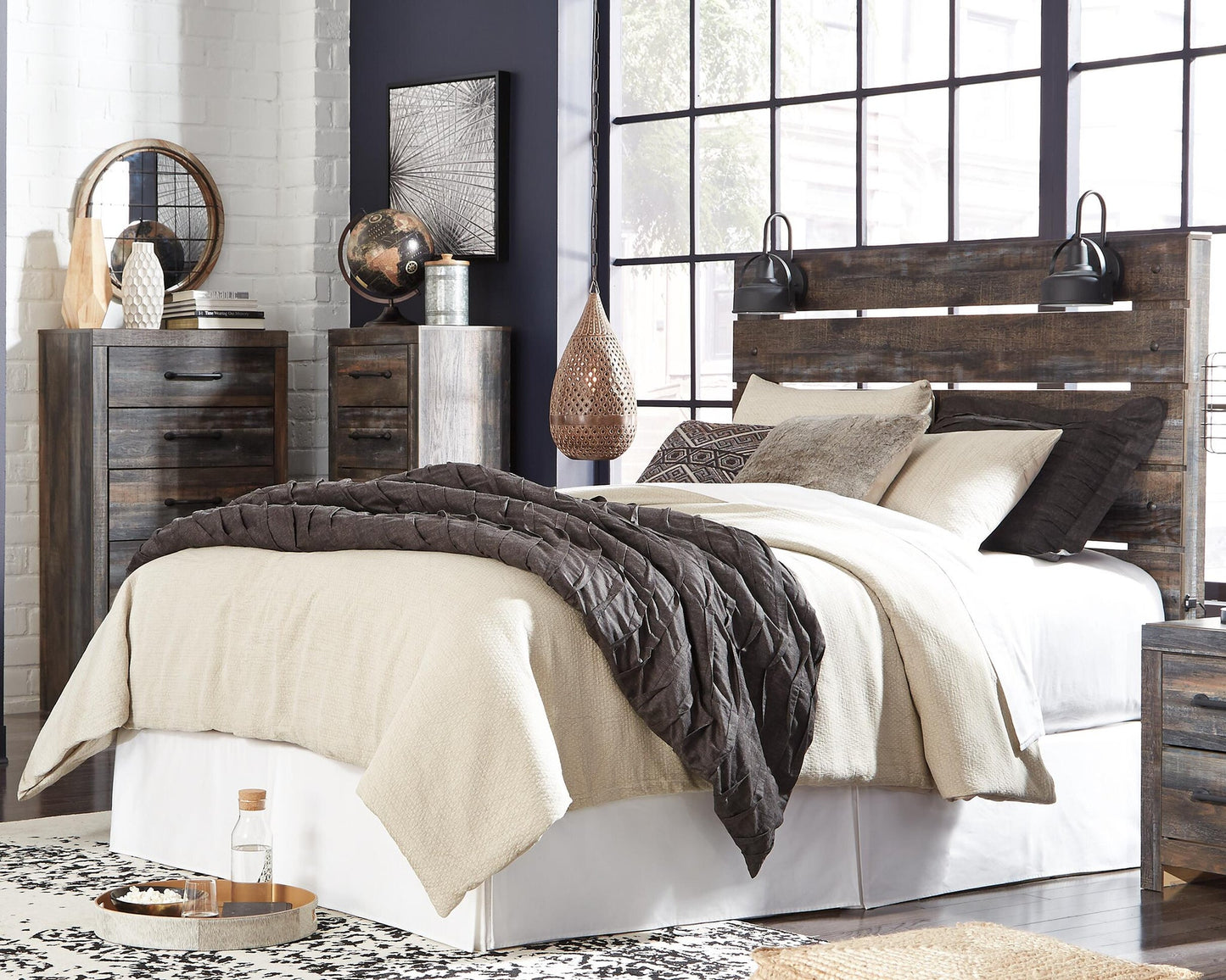 Drystan Queen Panel Headboard Bed with Mirrored Dresser