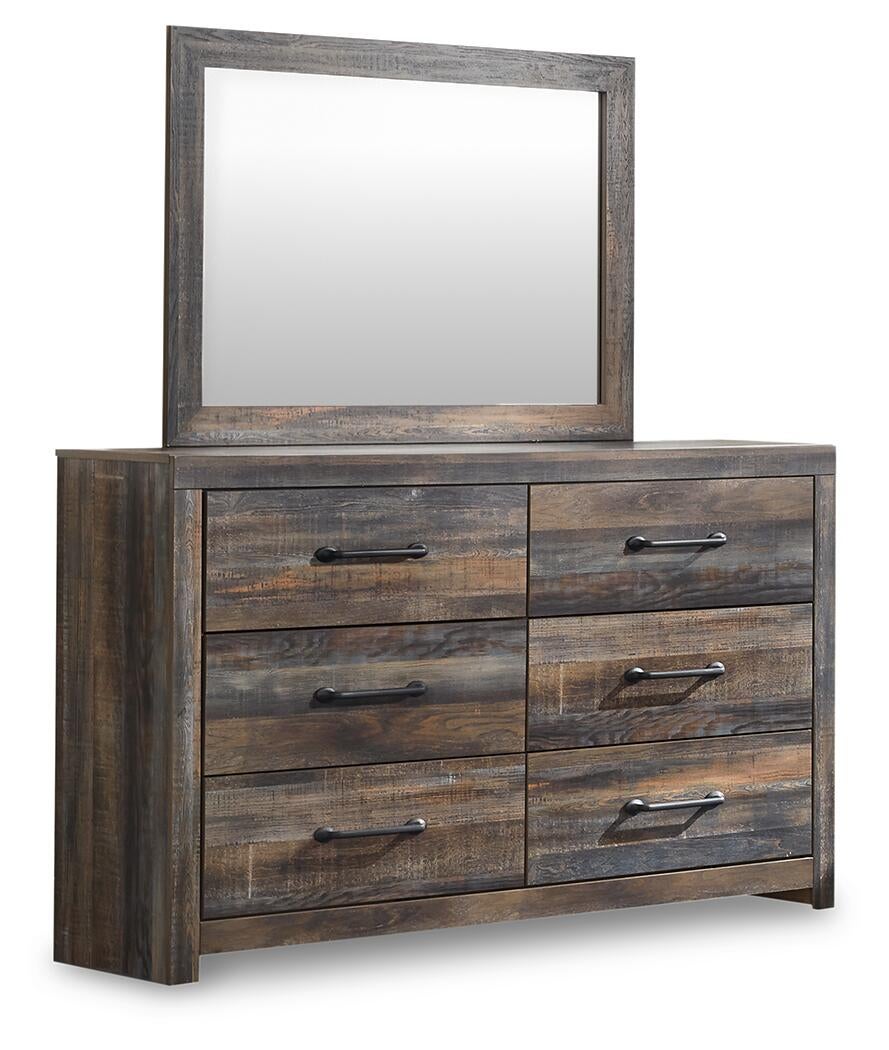 Drystan Queen Panel Bed with 2 Storage Drawers with Mirrored Dresser and Nightstand
