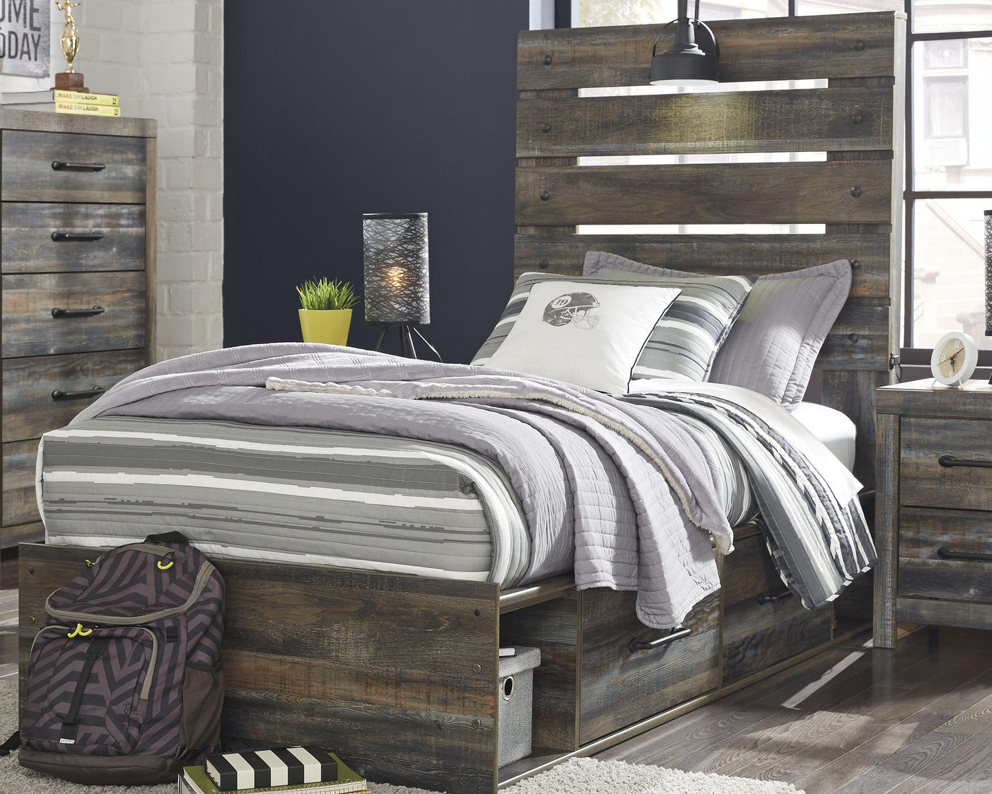 Drystan Twin Panel Headboard Bed with Mirrored Dresser