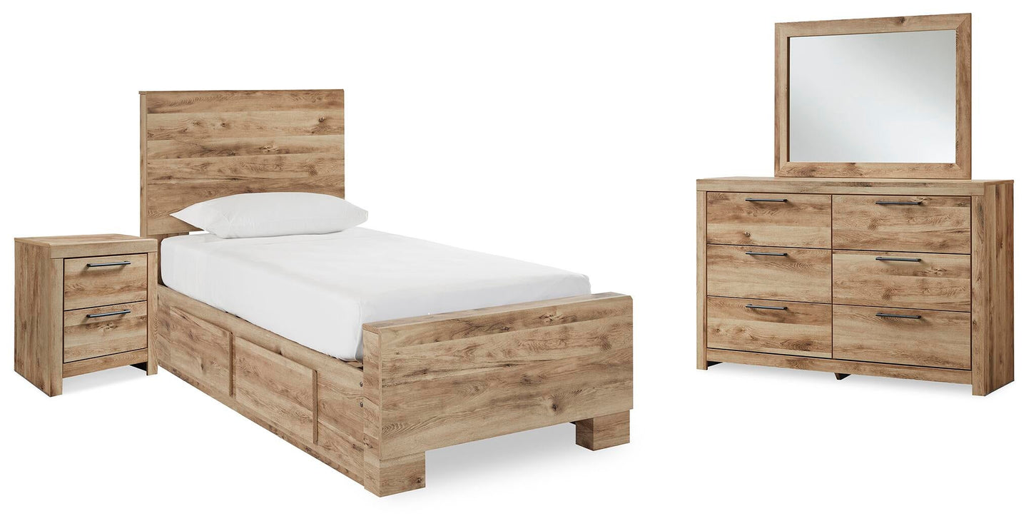 Hyanna Twin Panel Bed with 2 Side Storage, Dresser, Mirror and Nightstand