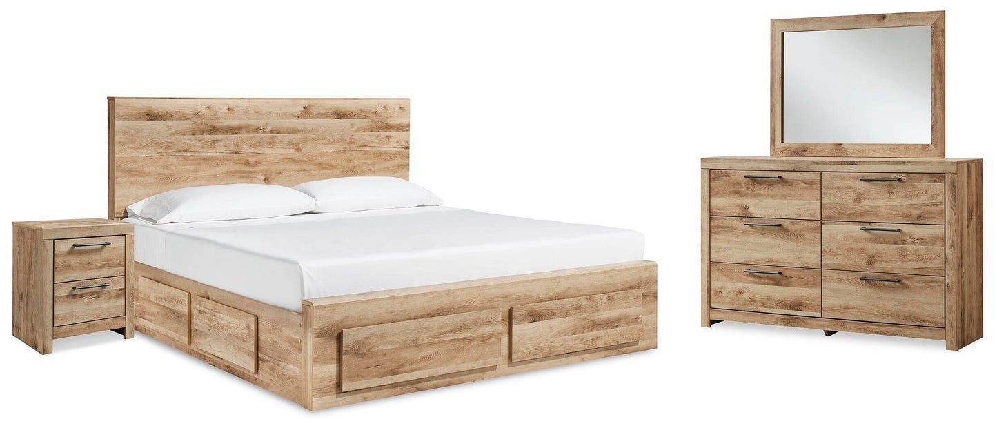 Hyanna King Panel Storage Bed with 2 Under Bed Storage Drawers, Dresser, Mirror and Nightstand