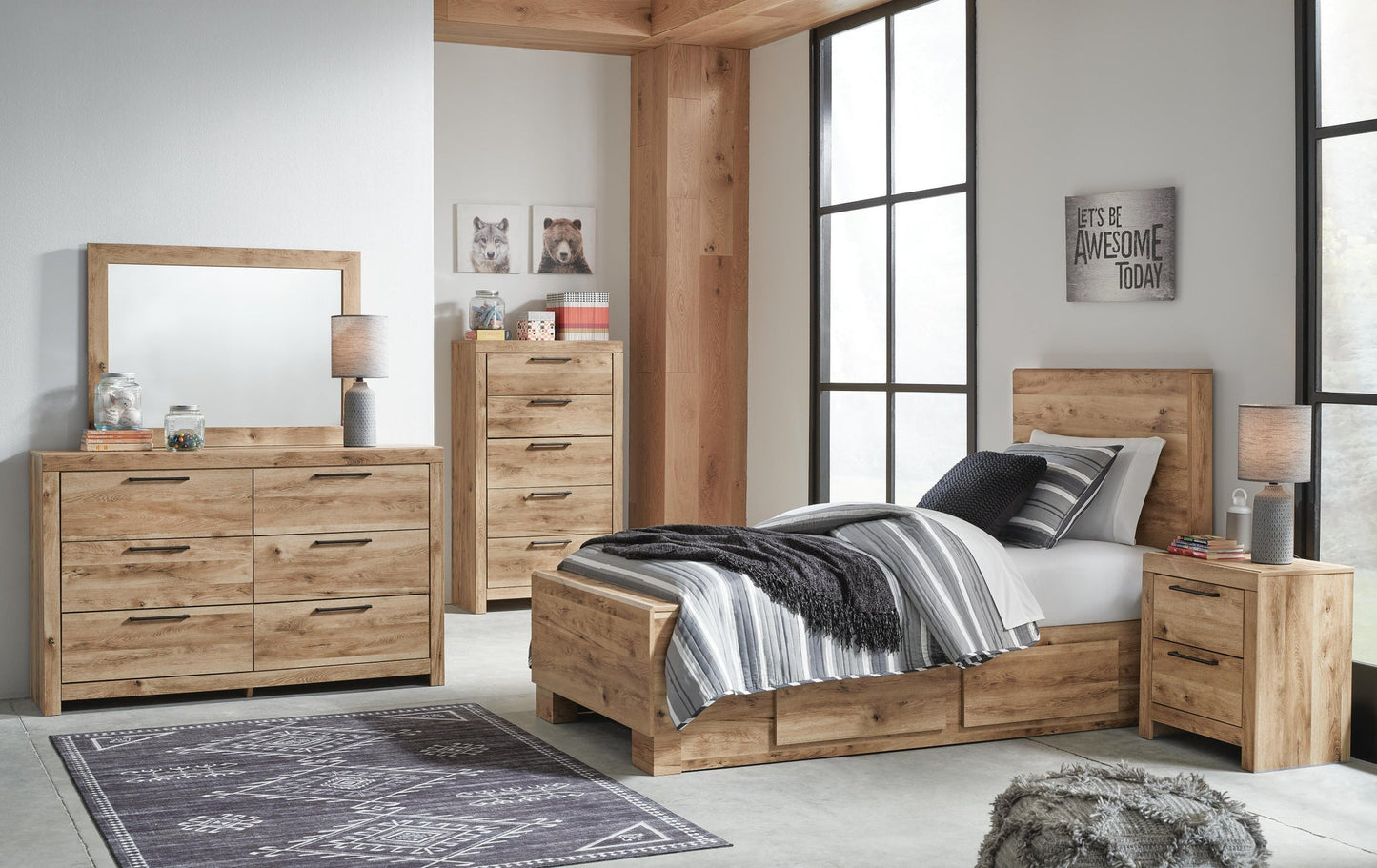 Hyanna Twin Panel Bed with 1 Side Storage, Dresser, Mirror and Nightstand