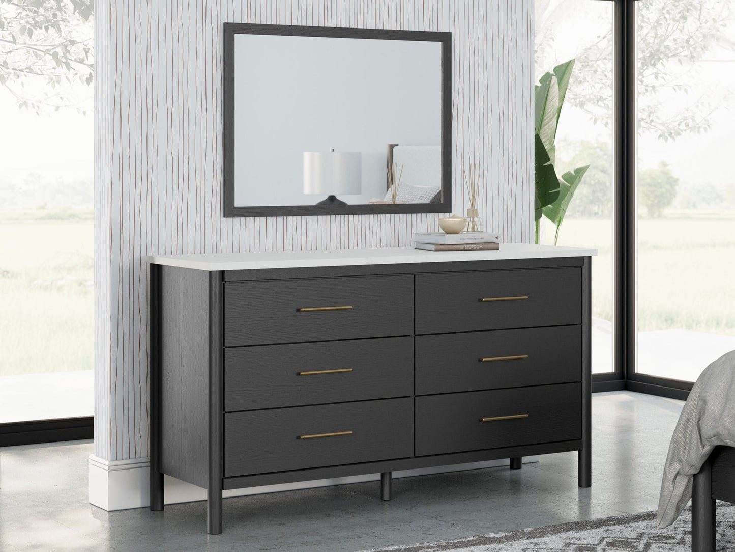 Cadmori Full Upholstered Panel Bed, Dresser and Mirror