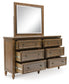 Sturlayne Queen Upholstered Panel Bed, Dresser, Mirror and Nightstand