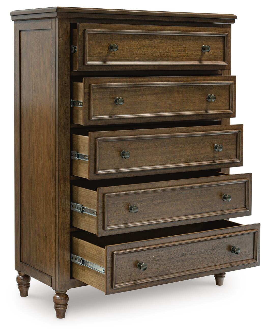 Sturlayne California King Upholstered Panel Bed, Dresser, Mirror, Chest and Nightstand