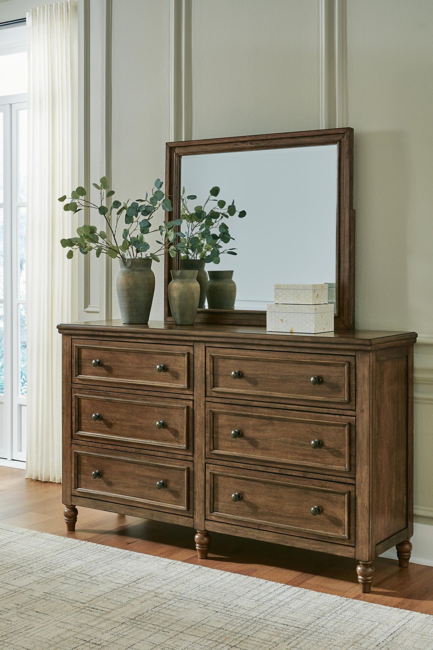 Sturlayne California King Upholstered Panel Bed, Dresser and Mirror