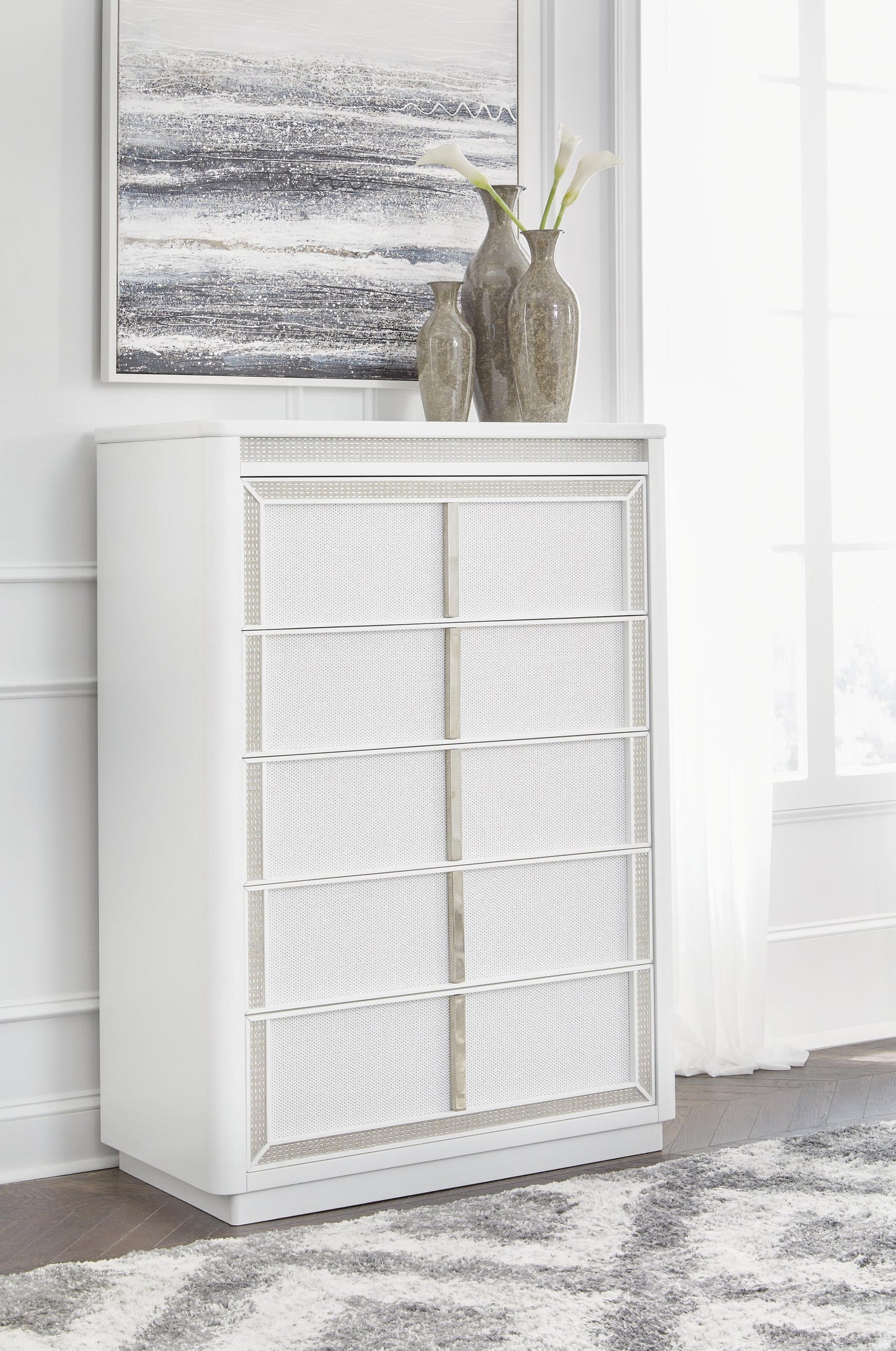 Chalanna King Upholstered Storage Bed, Dresser, Mirror, Chest and Nightstand