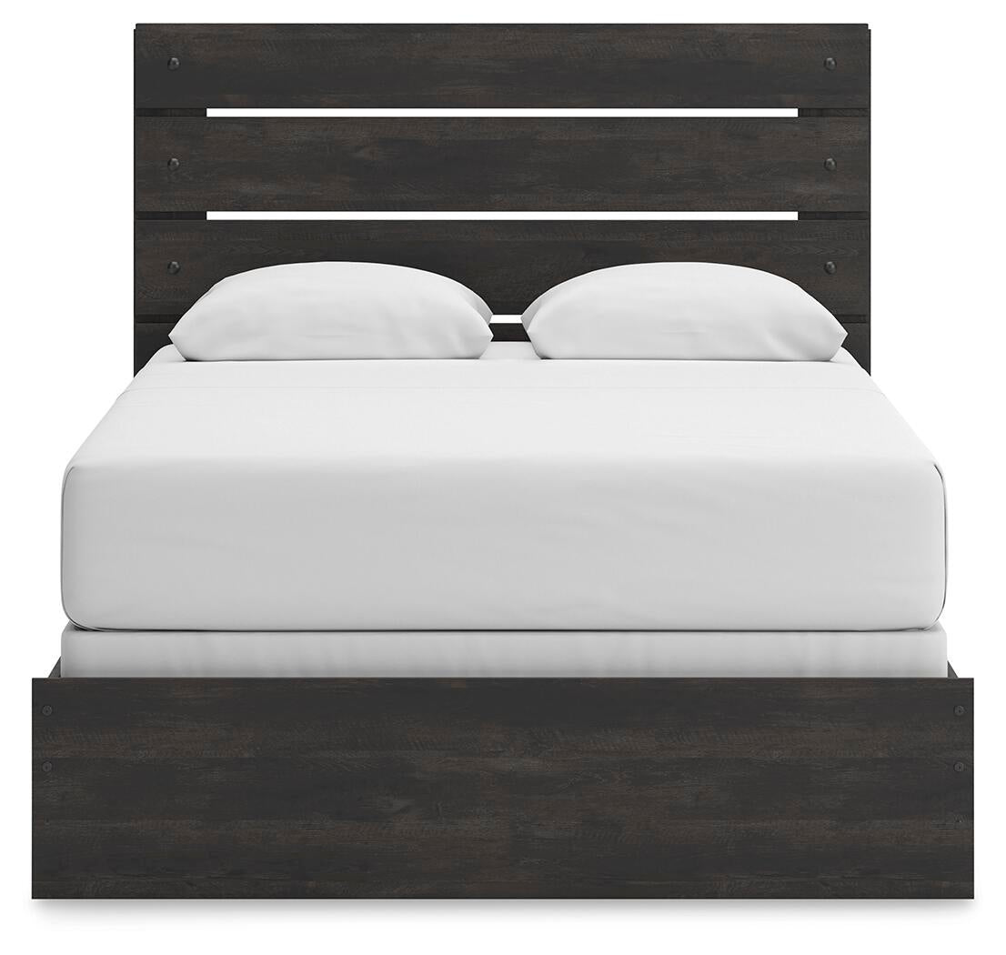 Delmorta Queen Panel Bed, Dresser, Mirror, Chest and Nightstand