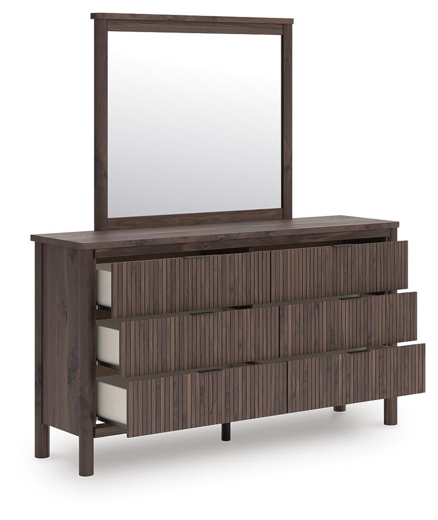 Pamytta Twin Upholstered Panel Platform Bed, Dresser, Mirror, Chest and Nightstand
