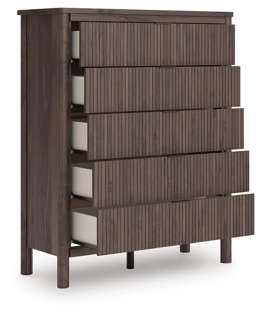 Pamytta Twin Upholstered Panel Platform Bed, Dresser, Mirror, Chest and Nightstand