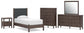 Pamytta Twin Upholstered Panel Platform Bed, Dresser, Mirror, Chest and Nightstand