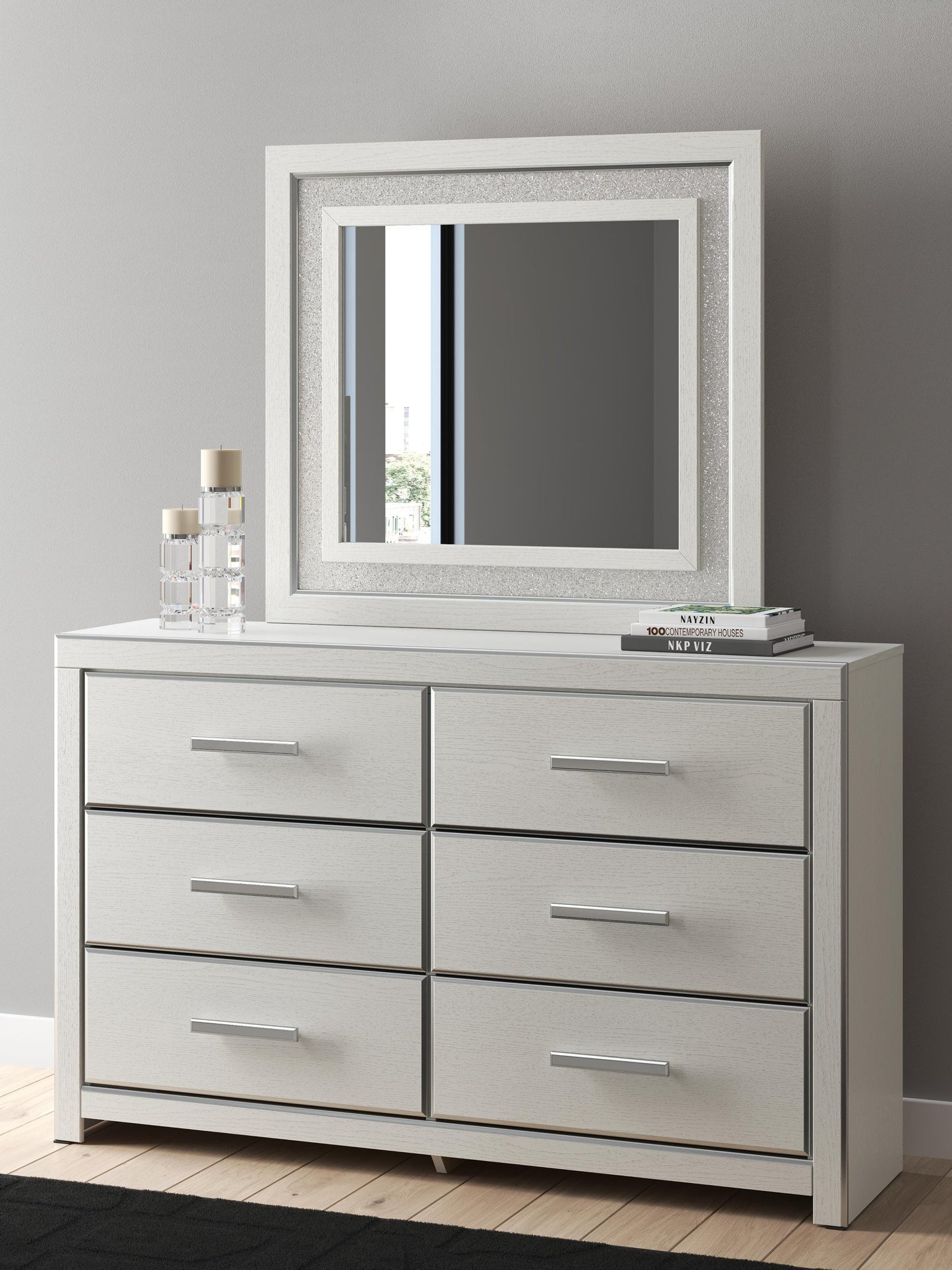 Birmonton California King Upholstered Bed, Dresser, Mirror, Chest and Nightstand