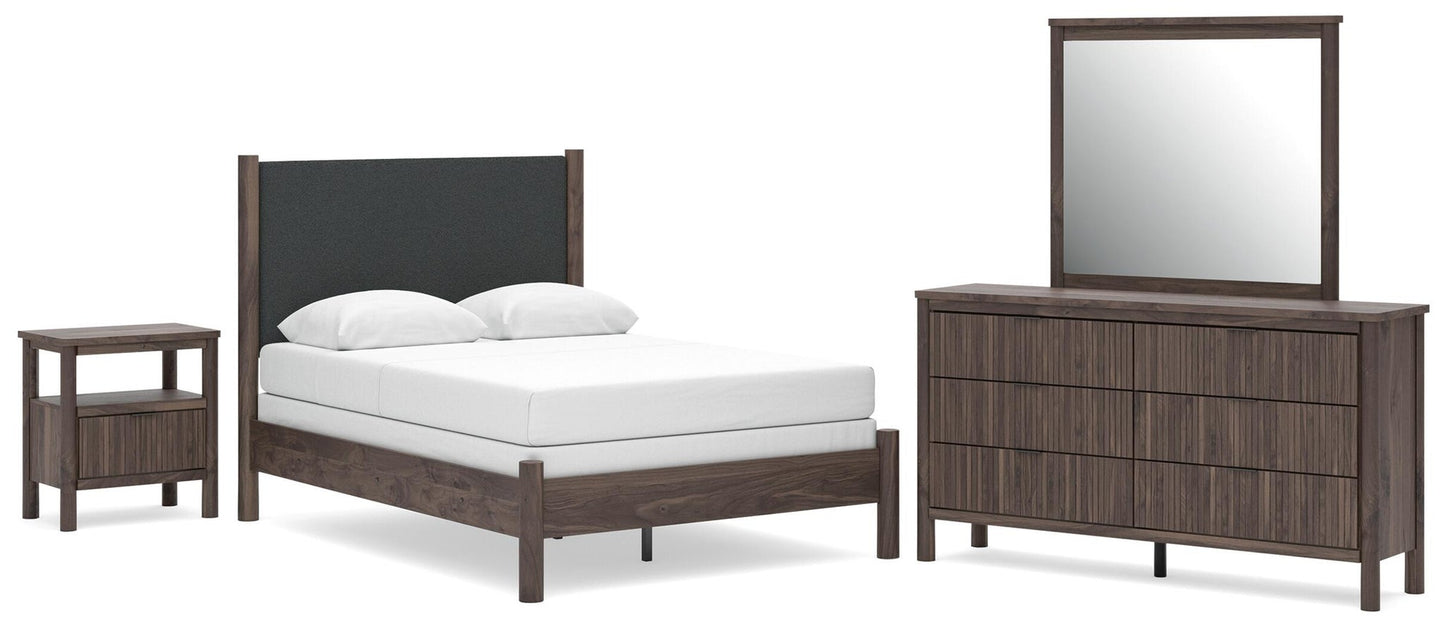Pamytta Full Upholstered Panel Bed, Dresser, Mirror and Nightstand