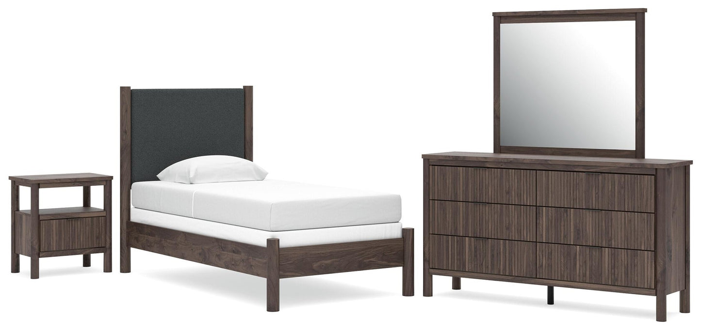 Pamytta Twin Upholstered Panel Bed, Dresser, Mirror, Chest and Nightstand