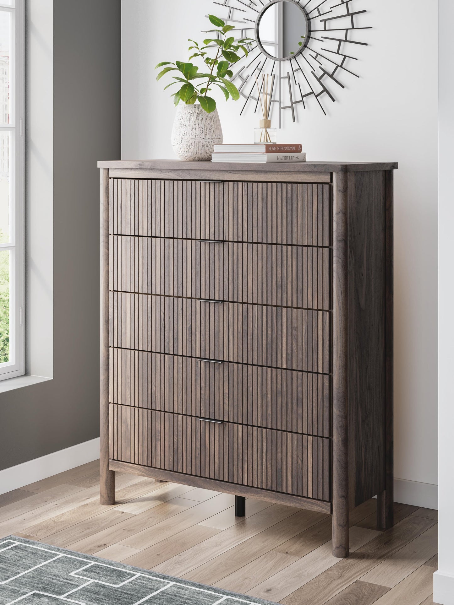 Pamytta Twin Upholstered Panel Bed, Dresser, Mirror, Chest and Nightstand