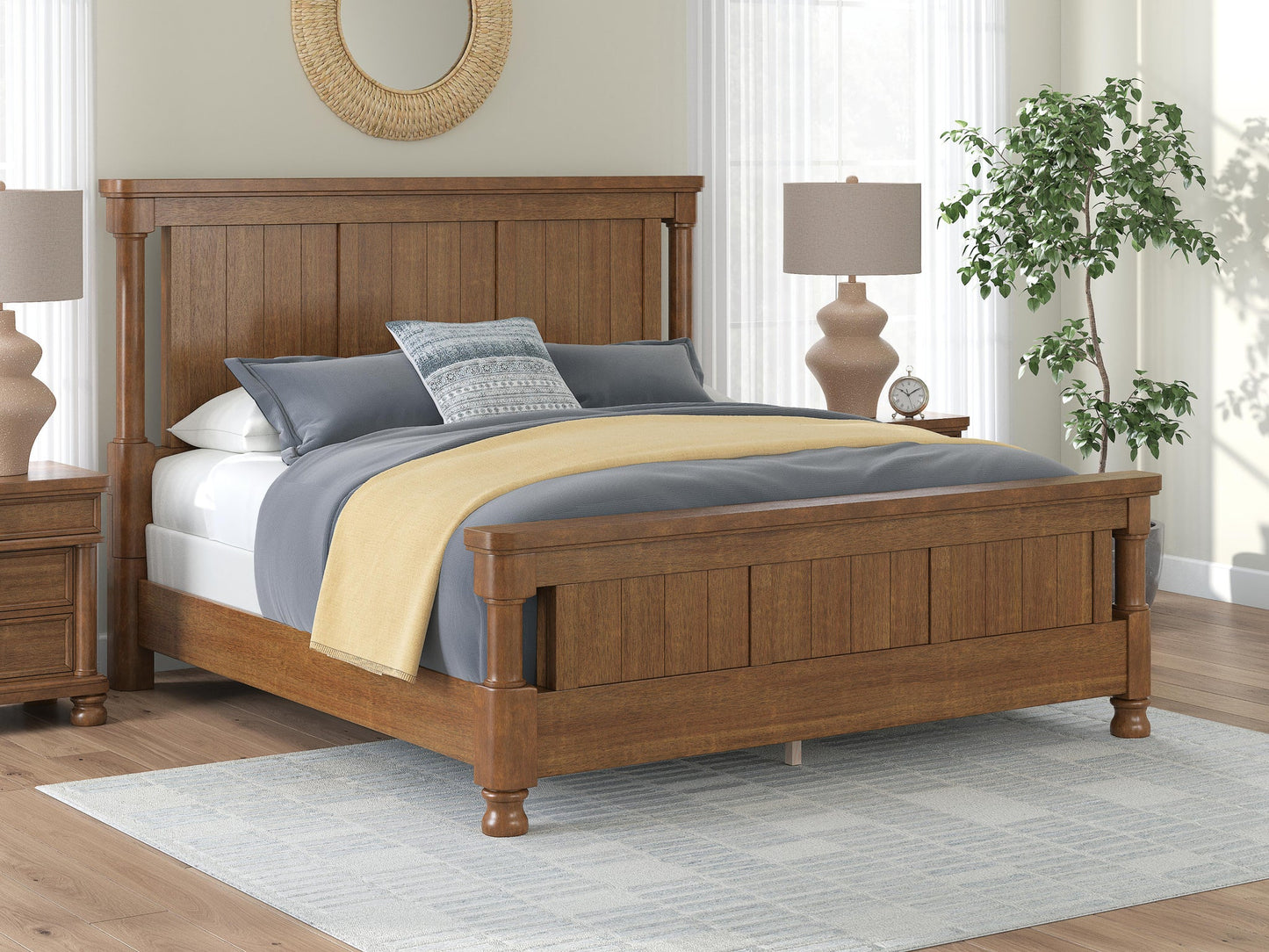 Rowlenstown King Poster Bed with Mirrored Dresser and Nightstand