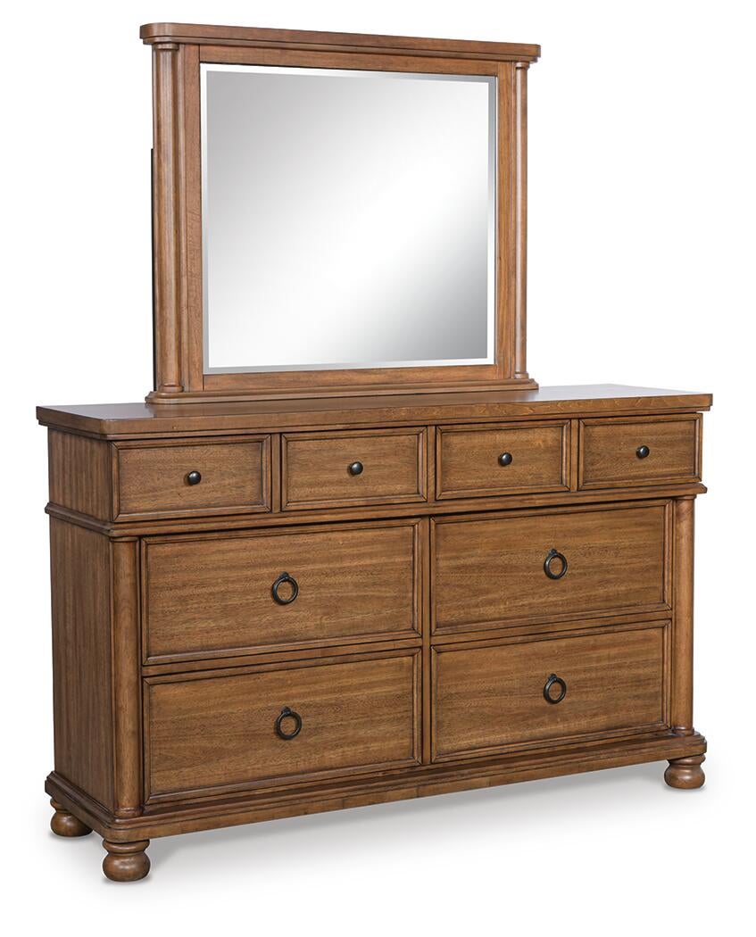 Rowlenstown California King Poster Bed with Mirrored Dresser