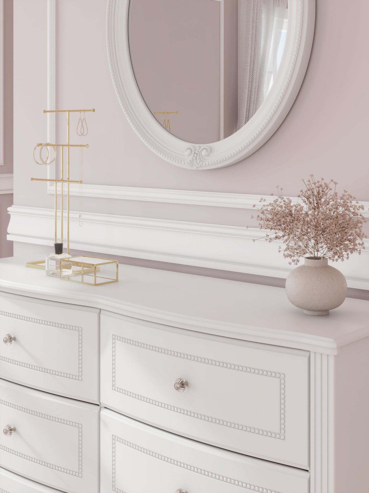 Kozlani Full Upholstered Panel Bed, Dresser, Mirror and Nightstand