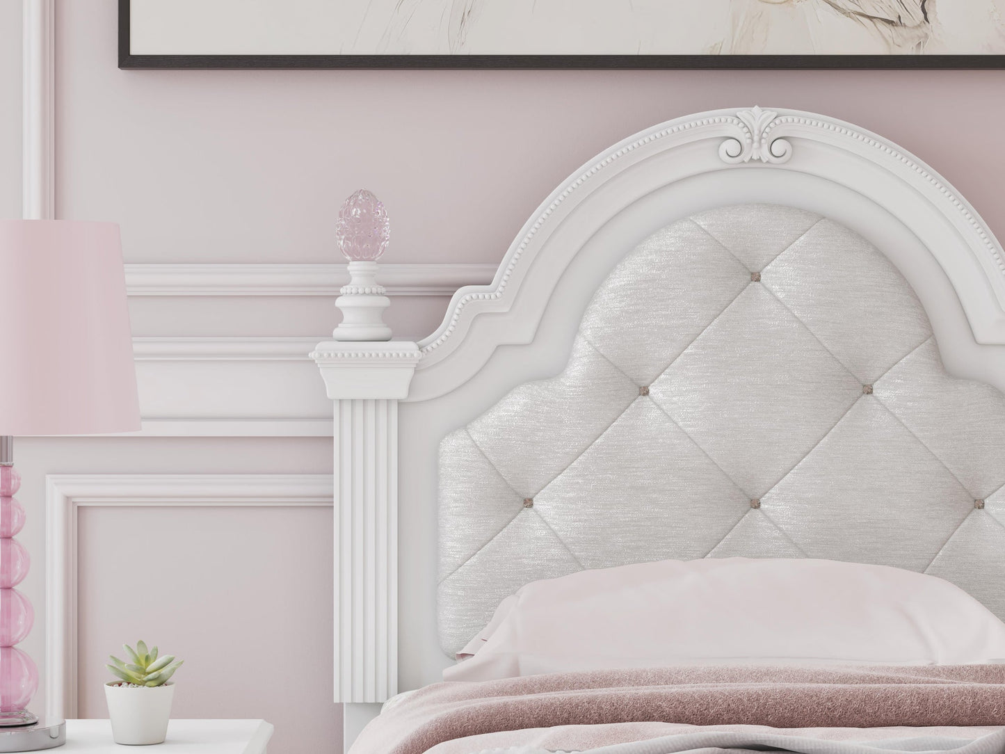 Kozlani Twin Upholstered Panel Bed, Dresser and Mirror